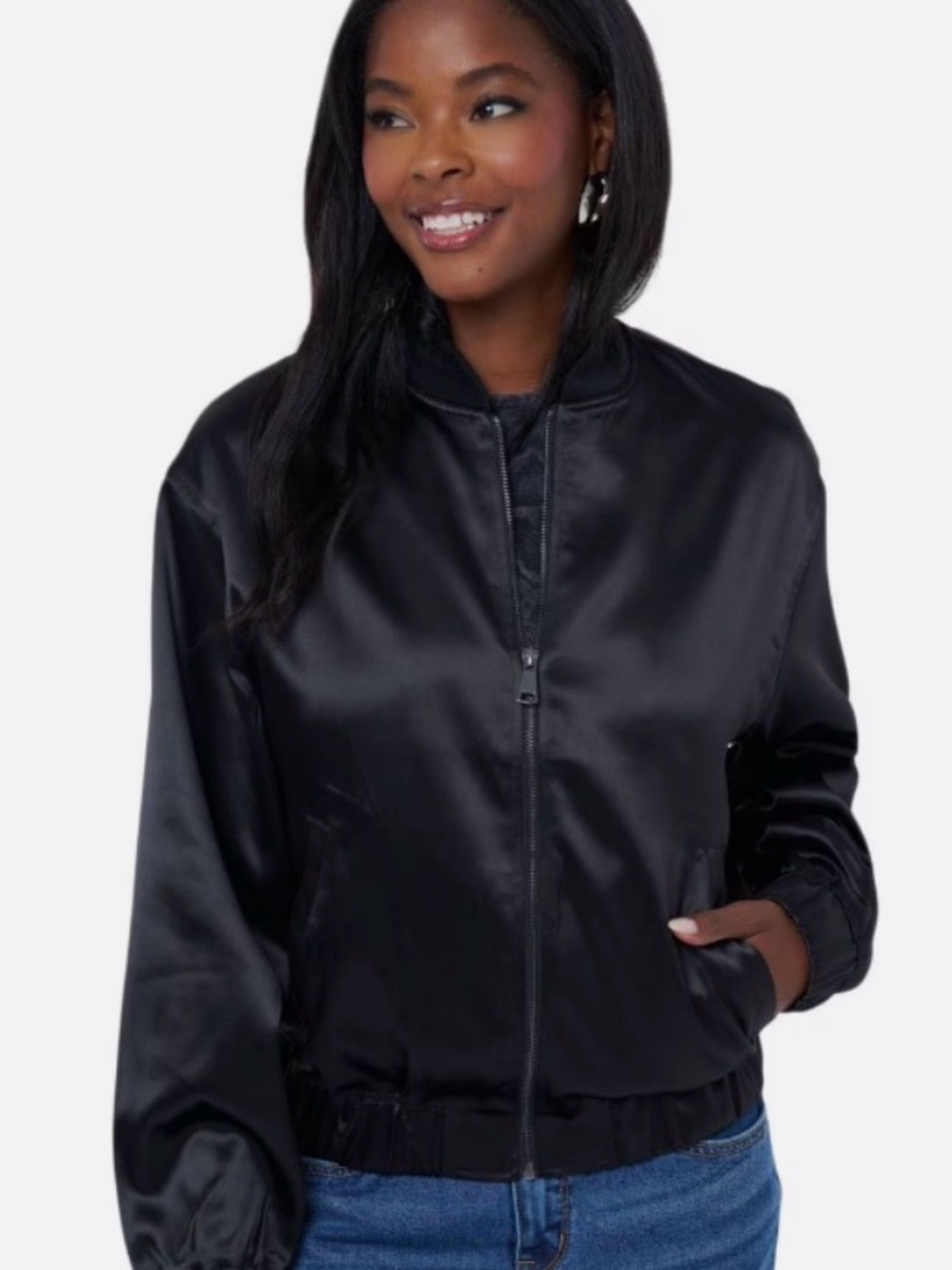 NWT Size Small Remi Bader Black Satin Bomber Jacket Women's Lightweight Zip